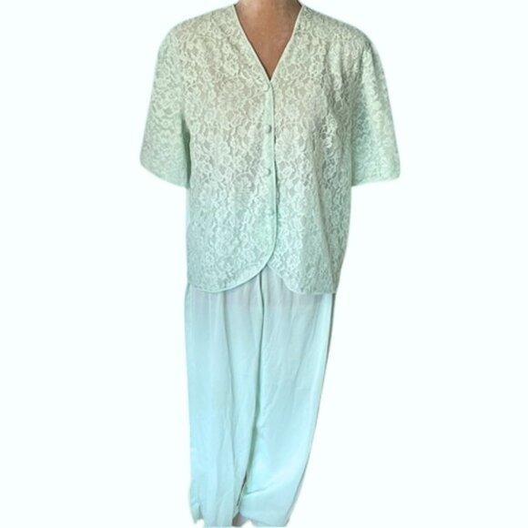 Vintage Vanity Fair Tricot Nylon 1960's Lace Lounge Set Pajamas Seafoam Medium - Picture 1 of 10